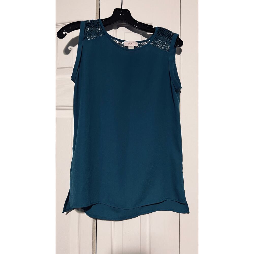 LOFT Teal Sleeveless Blouse XS Lace Shoulder Lightweight Career Casual Top NWOT